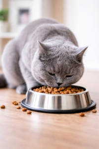 Gato comiendo en un cuenco