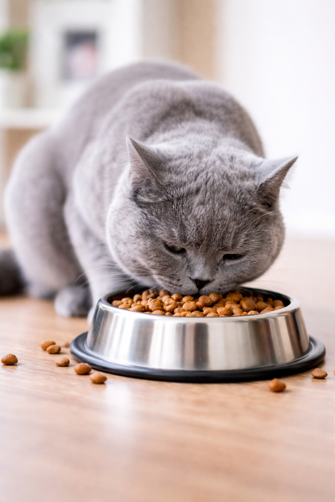 Gato comiendo en un cuenco